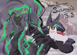 Rule 34 | 1boy, absurdres, armor, black hair, black skin, blazblue, blazblue: central fiction, blazblue: cross tag battle, colored skin, glowing, glowing eyes, green eyes, green hair, grin, hands up, highres, horns, kinreigh, long hair, pakumen, sharp teeth, smile, susanoo (blazblue), talons, teeth