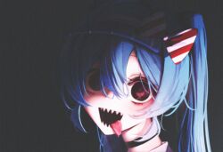 2girls alternate_costume black_choker blue_hair blue_hat bow choker diagonal-striped_bow drill_hair eye_reflection grey_background hair_between_eyes hat hatsune_miku kasane_teto mesmerizer_(vocaloid) multiple_girls oni0417 open_mouth partially_shaded_face pinstripe_hat portrait red_bow red_hair reflection saliva sharp_teeth striped_bow teeth tongue tongue_out twin_drills twintails two-tone_bow utau visor_cap vocaloid white_bow