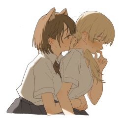 Rule 34 | 2girls, animal ears, black skirt, blonde hair, blush, bow, bowtie, brown bow, brown bowtie, brown eyes, brown hair, cat ears, collarbone, commentary request, highres, hug, hug from behind, long hair, multiple girls, nago nago, original, parted lips, pleated skirt, school uniform, shirt, short hair, short sleeves, simple background, skirt, sweat, white background, white shirt, yellow eyes, yuri
