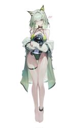 Rule 34 | 1girl, alternate costume, arknights, bare shoulders, barefoot, breasts, character doll, criss-cross halter, doctor (arknights), doll, full body, green hair, green one-piece swimsuit, hair intakes, halterneck, head tilt, highleg, highleg one-piece swimsuit, highres, holding, holding doll, infection monitor (arknights), kal&#039;tsit (arknights), legs, looking at viewer, material growth, ness (pjw0168), off shoulder, one-piece swimsuit, oripathy lesion (arknights), short hair, simple background, skindentation, sleeves past wrists, swimsuit, thigh strap, thighs, toes, white background
