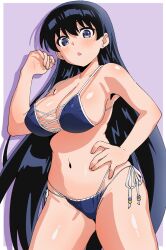 Rule 34 | 1girl, arato nagi, arm up, bikini, black hair, blue bikini, blue eyes, breasts, cleavage, collarbone, cowboy shot, cross-laced bikini, cross-laced clothes, earrings, groin, hair between eyes, halterneck, hand on own hip, highres, jewelry, large breasts, long hair, looking at viewer, navel, official alternate costume, open mouth, parted lips, ruri no houseki, side-tie bikini bottom, sideboob, skindentation, solo, stomach, stud earrings, swimsuit, thighs, torasan, wide hips