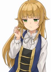 Rule 34 | 1girl, averting eyes, blonde hair, blue dress, blush stickers, closed mouth, dress, eyebrows hidden by hair, flat chest, frown, green eyes, highres, long hair, looking down, mushoku tensei, norn greyrat, playing with own hair, shirt, simple background, solo, syagare, upper body, white background, white shirt