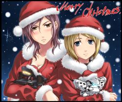 2girls armored_core armored_core:_for_answer armored_core_4 armored_core_last_raven armored_core_nexus blonde_hair blue_eyes blush breasts chibi christmas cleavage collar fiona_jarnefeldt fromsoftware hat jack-o jack_o_(constellation) kasumi_sumika mecha multiple_girls night robot santa_costume santa_hat serene_haze short_hair sky snow star_(sky) star_(symbol) starry_sky strayed tatsuya_(atelier_road) unzipped white_glint winter yellow_eyes