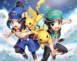 1boy 1girl :d backpack bag baseball_cap bettie_(pokemon) black_hair black_pants black_pantyhose blue_headwear blue_shorts blue_sky cellphone cloud collarbone commentary_request gen_1_pokemon gonzarez green_headwear grey_eyes hair_bun hat holding holding_poke_ball jacket leggings leggings_under_shorts nintendo open_mouth outstretched_arm pants pantyhose petals phone pikachu poke_ball poke_ball_(basic) pokemon pokemon_(creature) pokemon_masters_ex porygon poryphone running scottie_(pokemon) shoes short_sleeves shorts sidelocks single_hair_bun sky smartphone smile