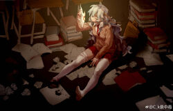 1girl absurdres chair creamyghost curly_hair desk fire grey_hair highres long_hair necktie ribeyrolles_(girls&#039;_frontline) sitting socks sweater white_socks