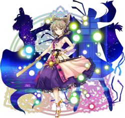 1girl belt blonde_hair bracelet closed_mouth dress earmuffs flower full_body game_cg gold_sandals hand_on_own_hip highres holding jewelry lace lace-trimmed_skirt lace_trim lily_pad looking_at_viewer mononobe_no_futo neck_ribbon official_art pointy_hair purple_ribbon purple_skirt ribbon ritual_baton rotte_(1109) sandals sheath sheathed shirt short_hair silhouette skirt sleeveless sleeveless_shirt smile socks soga_no_tojiko solo sword ten_desires third-party_source touhou touhou_lostword toyosatomimi_no_miko toyosatomimi_no_miko_(desires) transparent_background water_lily_flower weapon white_socks yellow_eyes