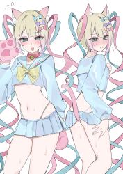 1girl animal_ear_fluff animal_ears animal_hands bell blonde_hair blue_eyes blue_panties blue_serafuku blush bow bowtie breasts choker chouzetsusaikawa_tenshi-chan clenched_teeth colored_tips crop_top crop_top_overhang gloves highres long_hair looking_at_viewer miniskirt multicolored_hair multiple_views navel neck_bell needy_girl_overdose panties paw_gloves pink_hair sailor_collar school_uniform serafuku skirt small_breasts solo standing stomach sweatdrop teeth underwear waimoniku yellow_bow yellow_bowtie