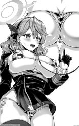 1girl ako_(blue_archive) animal_print ass bell bikini blue_archive blush bow breasts breasts_out commentary_request covered_erect_nipples cow_print cow_print_bikini cowbell cowboy_shot earrings gloves greyscale hair_between_eyes hairband half_gloves halo highres index_finger_raised jewelry kojima_saya large_breasts leash micro_bikini monochrome multiple_views neck_bell open_mouth paid_reward_available partially_visible_vulva pearl_thong print_bikini revealing_clothes side-tie_bikini_bottom simple_background skindentation standing string_bikini stud_earrings sweatdrop swimsuit swimsuit_under_clothes
