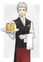 1boy apron bandaid bandaid_on_face bandaid_on_forehead black_pants black_vest border butler butter collared_shirt commentary_request cowboy_shot dripping food gloves grey_background grey_hair highres holding holding_plate long_sleeves male_focus outside_border pancake pancake_stack pants parted_lips persona persona_3 plate red_apron sanada_akihiko shirt solo syrup tamame_7777 twitter_username vest waist_apron white_border white_gloves white_shirt