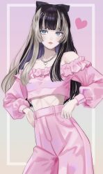 absurdres bare_shoulders black_bow blunt_bangs bow dhbwinner frilled_shirt frills gradient_background gradient_eyes hair_bow heart high-waist_pants highres hololive hololive_dev_is jewelry juufuutei_raden linea_alba long_hair looking_at_viewer multicolored_eyes multicolored_hair necklace pants parted_lips shirt streaked_hair virtual_youtuber