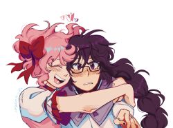 2girls ^_^ akemi_homura akemi_homura_(magical_girl) artist_name blush bow braid closed_eyes couple embarrassed glasses hair_bow heart highres hug kaname_madoka kaname_madoka_(magical_girl) long_hair magical_girl mahou_shoujo_madoka_magica mahou_shoujo_madoka_magica_(anime) multiple_girls open_mouth pink_hair puffy_short_sleeves puffy_sleeves purple_eyes purple_hair red_bow semi-rimless_eyewear short_sleeves short_twintails simple_background smile teeth twintails upper_teeth_only vhsghostricks white_background yuri