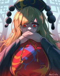 1girl ametonalu artist_name black_dress black_hat breasts chinese_clothes commentary_request covering_own_mouth crescent crescent_print crying crying_with_eyes_open dalachi_(headdress) dress fingernails hair_between_eyes hands_up hat highres junko_(touhou) large_breasts long_hair long_sleeves looking_at_viewer neck_ribbon orange_hair pom_pom_(clothes) red_eyes red_tabard ribbon solo tabard tassel tears touhou upper_body wide_sleeves window yellow_ribbon