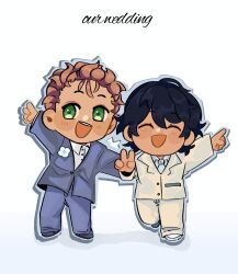 2boys :d artist_self-insert black_hair blue_suit brown_hair chibi chibi_only closed_eyes collared_shirt curly_hair derek_suarez dolpxler double-parted_bangs flower flower_pin formal_clothes full_body green_eyes hair_between_eyes hand_on_another&#039;s_arm highres looking_at_viewer main_character_(our_life) multiple_boys open_mouth our_life our_life:_beginnings_and_always pointing poppy_(flower) shirt short_hair smile standing standing_on_one_leg suit v wedding white_shirt white_suit