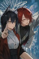2girls ^_^ aerial_fireworks animal_ear_fluff animal_ears arknights bai_hai_kong_lu belt belt_buckle black_belt black_hair black_shirt blazer buckle character_name chinese_commentary cigarette closed_eyes commentary_request exusiai_(arknights) fireworks grey_halo grey_jacket grey_shirt hair_between_eyes halo highres jacket lanyard lapels long_sleeves looking_ahead medium_hair mouth_hold multiple_girls red_hair red_jacket shirt short_hair shoulder_belt smile smoke smoking t-shirt taking_picture texas_(arknights) traditional_halo turtleneck turtleneck_shirt w wolf_ears wolf_girl yellow_eyes