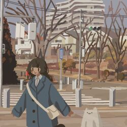 1girl absurdres bag bare_tree black_hair blush_stickers braid building buttons coat crosswalk ghost highres kyora_san lapels no_lineart notched_lapels original outdoors power_lines scenery shoulder_bag smile solid_oval_eyes solo traffic_light tree twin_braids