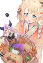 2girls ahoge animal_ears ascot bare_shoulders black_dress blonde_hair blue_eyes blush crow_(la+_darknesss) demon_horns detached_sleeves dress food gaaa_u grey_hair highres hololive horns in_food japanese_clothes kazama_iroha kimono la+_darknesss long_hair long_sleeves mini_person minigirl multicolored_hair multiple_girls open_mouth orange_kimono pantyhose pokobee purple_hair purple_pantyhose simple_background streaked_hair sweatdrop virtual_youtuber white_background yellow_ascot yellow_eyes