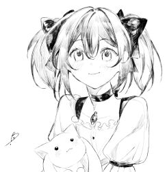 1girl bo4turtle choker collarbone creature dress greyscale hair_between_eyes highres kaname_madoka kaname_madoka_(magical_girl) kyubey magical_girl mahou_shoujo_madoka_magica mahou_shoujo_madoka_magica_(anime) monochrome puffy_short_sleeves puffy_sleeves short_sleeves short_twintails signature smile soul_gem square_neckline twintails upper_body