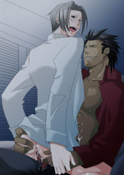 2boys ace_attorney anal blush bottomless capcom censored cum cum_in_ass diego_armando ejaculation male_focus male_penetrated miles_edgeworth multiple_boys open_clothes open_shirt penis saliva shirt tears yaoi