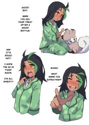 1girl absurdres antenna_hair black_hair blush commentary creatures_(company) dark-skinned_female dark_skin english_commentary english_text freckles game_freak gen_7_pokemon green_hair green_pajamas highres hot jack_rockhardt laughing long_hair nemona_(pokemon) nintendo no_pupils pajamas pointing pointing_at_viewer pokemon pokemon_(creature) pokemon_sv rockruff solo_focus sweat upper_body