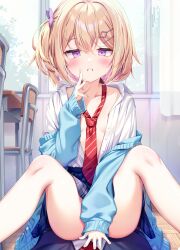 Rule 34 | 1girl, blonde hair, blue cardigan, blue skirt, bow, breasts, cardigan, chair, classroom, collared shirt, colored inner hair, commentary request, cover, cover page, crossed bangs, desk, diagonal-striped clothes, diagonal-striped necktie, dot nose, dress shirt, fingernails, girl on top, hair between eyes, hair ornament, hairclip, hand up, highres, indoors, kinokomushi, long sleeves, looking at viewer, loose necktie, multicolored hair, necktie, no bra, novel cover, novel illustration, off shoulder, official art, one side up, open cardigan, open clothes, open shirt, original, parted lips, plaid clothes, plaid skirt, pov, purple eyes, purple hair, red necktie, school chair, school desk, school uniform, shirt, short hair, skirt, sleeves past wrists, small breasts, solo focus, spread legs, straddling, striped clothes, teeth, two-tone hair, white shirt, window