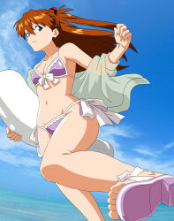1girl bare_legs bare_shoulders beach bikini blue_eyes blue_sky breasts brown_hair cleavage day dutch_angle frilled_bikini frills from_above highres jaaaan jacket leaning_forward long_hair looking_at_viewer navel neon_genesis_evangelion open_clothes open_jacket outdoors purple_bikini sandals see-through_clothes see-through_jacket serious shiny_skin sky small_breasts smile solo souryuu_asuka_langley standing standing_on_one_leg swimsuit thong thong_bikini two_side_up wide_hips