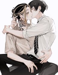 2boys arms_around_neck belt belt_buckle black_belt black_hair black_necktie black_pants blonde_hair blush brown_shirt buckle buttons closed_eyes closed_mouth collarbone collared_shirt commentary_request diagonal-striped_clothes diagonal-striped_necktie dress_shirt grey_eyes grey_pants hair_bun hanemiya_kazutora highres kiss kissing_cheek long_sleeves looking_at_another male_focus matsuno_chifuyu medium_hair mole mole_under_eye multicolored_hair multiple_boys neck_tattoo necktie neconecowc pants parted_bangs ponytail print_shirt profile shirt shirt_tucked_in short_hair short_sleeves sidelocks simple_background single_hair_bun sitting sitting_on_lap sitting_on_person sleeves_rolled_up streaked_hair striped_clothes striped_necktie tattoo tokyo_revengers two-tone_hair undercut white_background white_shirt wing_collar yaoi