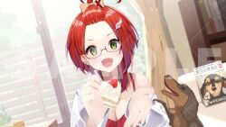 1girl :d akane_canna alternate_costume bangs_pinned_back bookshelf borumete bow breasts brown_bow cake camisole cleavage commentary_request dog fang food forehead fork glasses green_eyes hair_bow hair_ornament highres holding holding_fork incoming_food indoors large_breasts long_hair looking_at_viewer multicolored_hair nanashi_inc. official_art open_mouth purple_hair reaching reaching_towards_viewer red-framed_eyewear red_camisole red_hair sample_watermark semi-rimless_eyewear single_bare_shoulder skin_fang smile solo streaked_hair under-rim_eyewear v-shaped_eyebrows virtual_youtuber watermark window window_blinds