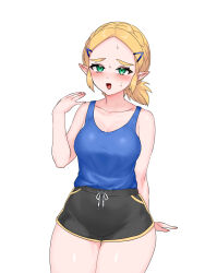 1girl alternate_costume arm_support bare_arms bare_shoulders black_shorts blonde_hair blue_tank_top blush braid breasts collarbone commentary_request contemporary cowboy_shot crown_braid fanning_self green_eyes highres hot invisible_chair medium_breasts nintendo open_mouth pointy_ears ponytail princess_zelda shirt_tucked_in short_hair short_ponytail short_shorts shorts sidelocks simple_background sitting solo sweat tank_top the_legend_of_zelda the_legend_of_zelda:_tears_of_the_kingdom wasabi_(legemd) white_background