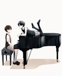 Rule 34 | 2boys, black eyes, black hair, black sweater vest, black thighhighs, bright pupils, brown shorts, collarbone, collared shirt, colored skin, dual persona, grand piano, instrument, looking at another, lying, male focus, multiple boys, omori, omori (omori), on stomach, piano, piano bench, rami 1300, shirt, short sleeves, shorts, simple background, sitting, striped clothes, striped shorts, sunny (omori), sweater vest, thighhighs, vertical-striped clothes, vertical-striped shorts, white background, white pupils, white shirt, white shorts, white skin