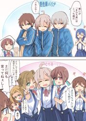 Rule 34 | + +, 2koma, 3boys, 6+girls, :d, ;d, ^ ^, absurdres, ahoge, angry, arm hug, blue hair, blue jacket, boy sandwich, braid, brown eyes, clenched teeth, closed eyes, comic, commentary, extra, flower, fujoshi, genderswap, genderswap (ftm), girl sandwich, green eyes, grey hair, hair between eyes, hair intakes, hair ornament, hairclip, hand in pocket, hand on another&#039;s shoulder, highres, himejoshi, hozuki momiji, icarus (2010741), jacket, long hair, low twintails, multicolored hair, multiple boys, multiple girls, murosaki miyo, neck ribbon, oka asahi, one eye closed, onii-chan wa oshimai!, open mouth, own hands clasped, own hands together, oyama mahiro, oyama mahiro (male), ponytail, red ribbon, ribbon, sakurada yuuta, sandwiched, senkawa minato, shiina minori, shirt, short hair, short ponytail, short sleeves, side braid, single braid, sketch, skirt, smile, suspender skirt, suspenders, takada satsuki, teeth, tongue, tongue out, track jacket, translated, twintails, two-tone hair, v, white shirt