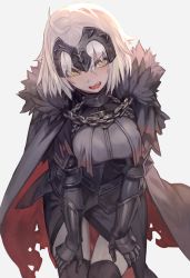 1girl ahoge armor armored_dress blush breasts cape chain coat dress fate/grand_order fate_(series) fur-trimmed_coat fur_trim gauntlets hands_on_own_knees headpiece highres jeanne_d&#039;arc_(fate) jeanne_d&#039;arc_alter_(avenger)_(fate) jeanne_d&#039;arc_alter_(fate) lack large_breasts looking_at_viewer open_mouth short_hair silver_hair solo thighhighs tsurime yellow_eyes
