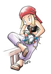 Rule 34 | 1girl, absurdres, bandana, bandeau, black bandeau, blonde hair, commentary, creatures (company), crossover, dwalkn, earrings, electricity, english commentary, fullmetal alchemist, game freak, gen 1 pokemon, highres, holding, holding screwdriver, jewelry, magnemite, magnet, nintendo, one-eyed, pants, pokemon, pokemon (creature), purple pants, red bandana, screw, screwdriver, sidelocks, signature, simple background, sitting, solo, sugimori ken (style), sweatdrop, white background, winry rockbell