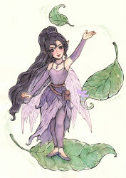 Rule 34 | black hair, breasts, disney fairies (movie series), dress, fairy, fairy wings, full body, highres, kuridel, lips, long hair, mini person, minigirl, plant clothing, pointy ears, ponytail, smile, solo, very long hair, vidia, wings