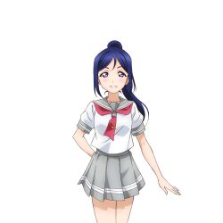 Rule 34 | 1girl, anime coloring, arm behind back, blue hair, blush, collarbone, cowboy shot, grey sailor collar, grey skirt, grin, long hair, looking at viewer, love live!, love live! school idol festival, love live! sunshine!!, matsuura kanan, miniskirt, neckerchief, official art, open hand, pleated skirt, ponytail, purple eyes, red neckerchief, sailor collar, school uniform, serafuku, shirt, short sleeves, skirt, smile, solo, standing, straight-on, summer uniform, tareme, teeth, tie clip, transparent background, uranohoshi school uniform, white shirt