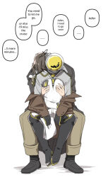 2boys black_boots black_coat black_gloves black_hair black_shoes boots brown_jacket brown_pants coat english_text enigma_(reverse:1999) facing_viewer ferrofluid fishbowl_helmet full_body gloves hand_on_another&#039;s_shoulder hnt_(1177tr1999) jacket jumpsuit male_focus multiple_boys object_head off_shoulder pants reverse:1999 shoes sitting sitting_between_lap speech_bubble thigh_boots ulrich_(reverse:1999) white_background white_jumpsuit