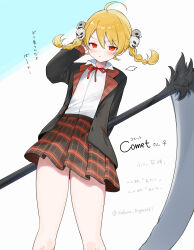 1girl absurdres ahoge black_jacket blonde_hair braid character_name collared_shirt commentary_request cowboy_shot engasaki_sakura hair_ornament highres holding holding_scythe holding_weapon jacket looking_at_viewer original plaid_clothes plaid_skirt pleated_skirt red_eyes scythe shirt skirt skull_hair_ornament solo translation_request twin_braids weapon white_shirt