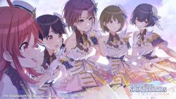 asakura_toru bare_shoulders black_hair blue_eyes dress gloves green_eyes hat highres idolmaster idolmaster_shiny_colors idolmaster_shiny_colors_song_for_prism morino_rinze multicolored_dress nanakusa_nichika official_art red_eyes white_gloves