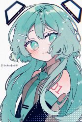 Rule 34 | 1girl, alternate hairstyle, aqua eyes, aqua hair, aqua necktie, aqua trim, arm tattoo, bare shoulders, ben-day dots, black sleeves, blush, breasts, closed mouth, collared shirt, commentary request, detached sleeves, floating, floating headgear, floating object, frilled shirt, frills, from side, grey shirt, hair ornament, hairclip, hatsune miku, headgear, highres, light particles, long hair, looking at viewer, looking to the side, maca1227, necktie, number tattoo, parallel hairclips, revision, screentones, shirt, sidelocks, simple background, sleeveless, sleeveless shirt, small breasts, smile, solo, star (symbol), star in eye, symbol in eye, tattoo, tie clip, twitter username, upper body, vocaloid, white background