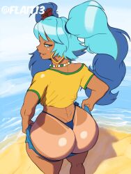 1girl animated animated_gif artist_name ass ass_support beach bikini blue_bikini blue_eyes blue_hair bouncing_ass brazil brazilian_(nationality) brazilian_miku clothes_pull curvy cutoffs day denim denim_shorts earrings flait13 flower from_behind hair_flower hair_ornament hatsune_miku highres huge_ass jewelry jiggle long_hair looking_at_viewer looking_back naughty_face necklace ocean outdoors shirt short_shorts short_sleeves shorts shorts_pull side-tie_bikini_bottom sky smile solo swimsuit tan tanline thick_thighs thighs thong twintails very_long_hair vocaloid water wide_hips yellow_shirt