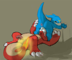 charmeleon creatures_(company) crossover digimon game_freak gen_1_pokemon male_focus narse_(artist) nintendo pokemon pokemon_(creature) tagme v-mon yaoi