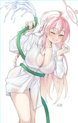 1girl ahoge bikini bikini_under_clothes blue_archive blush bow braid breasts cleavage collarbone green_eyes grin hair_bow halo hanako_(blue_archive) hanako_(swimsuit)_(blue_archive) helandyck highres holding holding_hose hose huge_ahoge large_breasts long_hair long_sleeves looking_at_viewer no_panties one_eye_closed pink_hair pink_halo see-through_clothes see-through_shirt shirt single_braid smile solo swimsuit thighs white_bow white_shirt