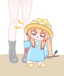 2girls backpack bag black_boots blue_archive blue_dress blunt_bangs boots chibi closed_eyes dress halo hat highres holding horuhara kindergarten_uniform long_hair long_sleeves mari_(blue_archive) multiple_girls neck_ribbon orange_hair ribbon sailor_collar school_hat sleeves_past_wrists slippers solo_focus standing tongue tongue_out twig v-shaped_eyebrows white_ribbon white_sailor_collar yellow_halo yellow_hat yellow_slippers