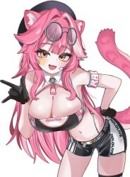 Rule 34 | 1girl, :3, absurdres, ahdoha, animal ears, armband, bare shoulders, belt, beret, black gloves, black hat, black shirt, black shorts, blush, breasts, cleavage, collared shirt, eyeshadow, facial mark, fangs, gloves, grey-framed eyewear, hair intakes, hat, highres, hololive, hololive english, korean commentary, large breasts, leaning forward, long hair, looking at viewer, makeup, microphone, multicolored hair, navel, open mouth, panther ears, panther girl, panther tail, pink armband, pink eyeshadow, pink hair, pink lips, race queen, raora panthera, round eyewear, shirt, shorts, simple background, sleeveless, sleeveless shirt, smile, solo, star (symbol), star facial mark, stomach, streaked hair, tail, thighs, two-tone hair, virtual youtuber, white background, white belt, white shirt, yellow eyes, zipper