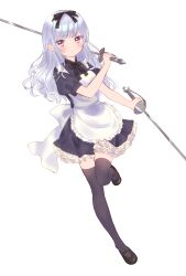 Rule 34 | 1girl, apron, azarashi6, back bow, black dress, black footwear, black ribbon, black thighhighs, blue hair, blush, bow, closed mouth, dress, foil (fencing), frilled apron, frills, frown, full body, highres, holding, holding sword, holding weapon, leg up, maid, original, puffy short sleeves, puffy sleeves, purple eyes, ribbon, short sleeves, solo, sword, thighhighs, weapon, white apron, white bow