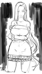 Rule 34 | 1girl, bare shoulders, breasts, butcha-u, earrings, half-closed eyes, highres, jewelry, large breasts, long hair, looking at viewer, monochrome, original, sketch, smile, standing, tagme, thighs, tight skirt, very long hair, visible ears, white background