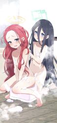 2girls absurdres aris_(blue_archive) barefoot bath_stool bathing black_hair blue_archive blue_eyes blush breasts commentary_request completely_nude embarrassed feet foam hair_between_eyes halo highres kneeling long_hair long_hair_between_eyes looking_at_another multiple_girls na-suke navel nude open_mouth raised_eyebrows red_hair sitting small_breasts soap_bubbles steam stool toes very_long_hair washing_another washing_back yuzu_(blue_archive)