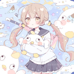 1girl :t ahoge assault_rifle blonde_hair blue_archive blush bullpup cardigan closed_mouth cowboy_shot crossed_arms dot_nose frilled_skirt frills grey_sailor_collar grey_skirt gun hair_ornament hifumi_(blue_archive) highres hinase01 holding holding_stuffed_toy hugging_object l85 long_hair low_twintails peroro_(blue_archive) rifle sailor_collar school_uniform skirt solo star_(symbol) stuffed_animal stuffed_toy teddy_bear twintails twitter_username very_long_hair watermark weapon white_cardigan wing_hair_ornament yellow_eyes