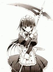 1girl apron bad_id bad_pixiv_id blood bloody_weapon collared_dress cowboy_shot dress female_focus greyscale holding holding_behind_back holding_sword holding_sword_behind_back holding_weapon holding_weapon_behind_back long_hair maid maid_apron monochrome moonsorrow original scythe simple_background solo sword very_long_hair weapon white_background
