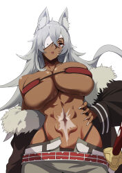 1girl abs absurdres animal_ear_fluff animal_ears bandeau bare_shoulders belt black_jacket black_panties breasts cat_ears cat_girl cat_tail choker cleavage commentary_request cowboy_shot crossed_bangs dark-skinned_female dark_skin eyepatch facial_scar fingernails fur-trimmed_jacket fur_trim ghislaine_dedoldia green_pants grey_hair groin hair_between_eyes hand_on_own_hip highleg highleg_panties highres jacket large_breasts long_fingernails long_hair long_sleeves looking_at_viewer mushoku_tensei navel off_shoulder open_belt open_pants paid_reward_available panties pants parted_lips pink_eyes red_bandeau red_choker red_eyes scar scar_on_cheek scar_on_face scar_on_stomach sheath sheathed sidelocks simple_background solo standing stomach sword tail underwear weapon white_background yamada_otonari