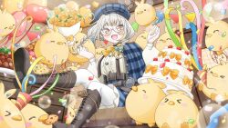 &gt;_&lt; 1girl balloon black_boots blue_bow blue_capelet blue_hat blue_skirt blush_stickers boots bow bowtie braid bunting buttons cake capelet commission confetti cookie flower food fruit hair_bow haniriko hat hat_feather highres indie_virtual_youtuber kamogumi_(kanna_yanagi) kanna_yanagi open_mouth pantyhose party_popper plaid_capelet plaid_clothes plaid_hat plaid_skirt rose semi-rimless_eyewear short_eyebrows skirt strawberry twin_braids virtual_youtuber white_pantyhose yellow_bow yellow_bowtie yellow_eyes yellow_flower yellow_rose